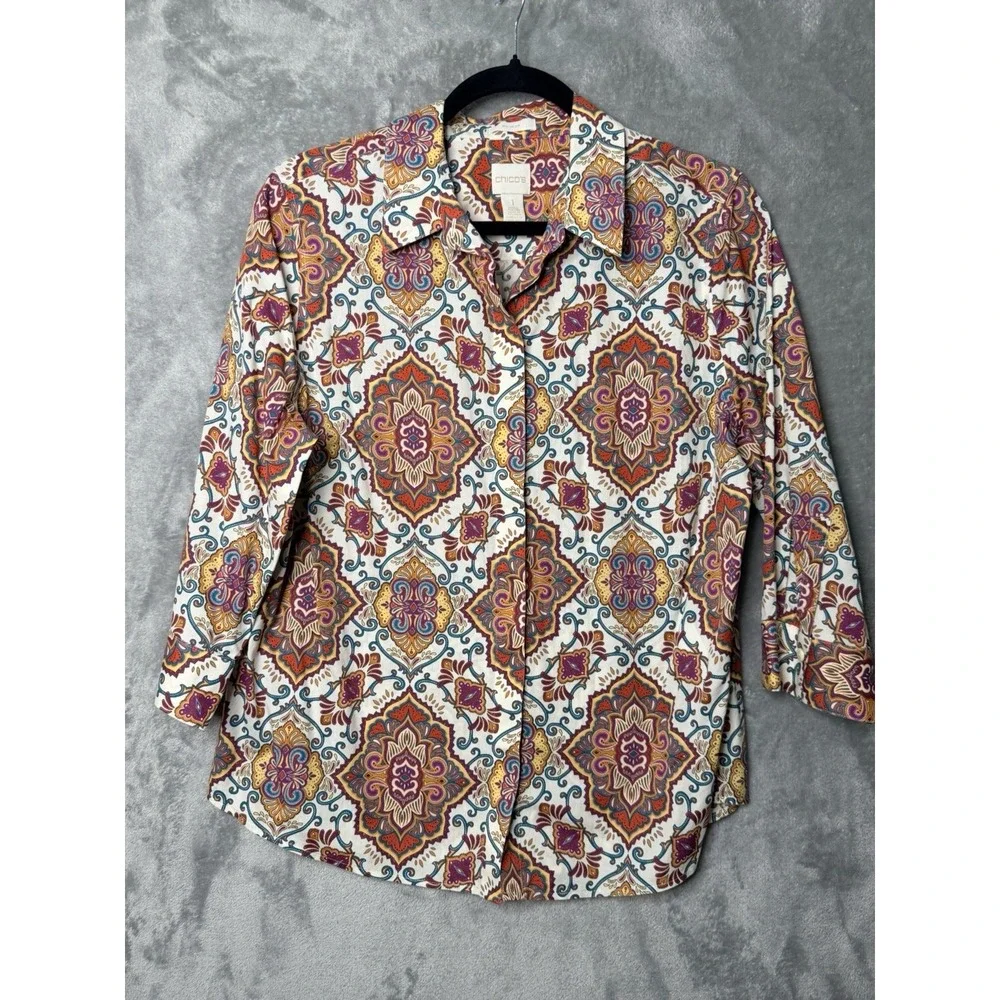 Chicos No-Iron Button Down Shirt 1 Womens M Medallion Paisley 3/4 Sleeve Multi - Picture 1 of 7